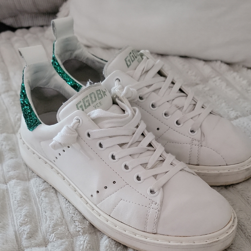 Golden Goose White and Green Sneakers Casual Style
